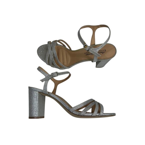 Badgley Mischka Silver Glitter Block Heel Dress Sandals Womens SZ 8 Ankle Strap - Picture 15 of 16